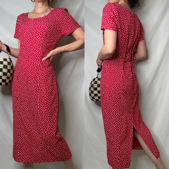 Vintage Dresses & Skirts - SOLD Vintage 90s red polka dot print midi maxi dress corset tie back Paris chic
